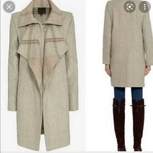 Intermix beige wood coat with plaid color detail. Size L.